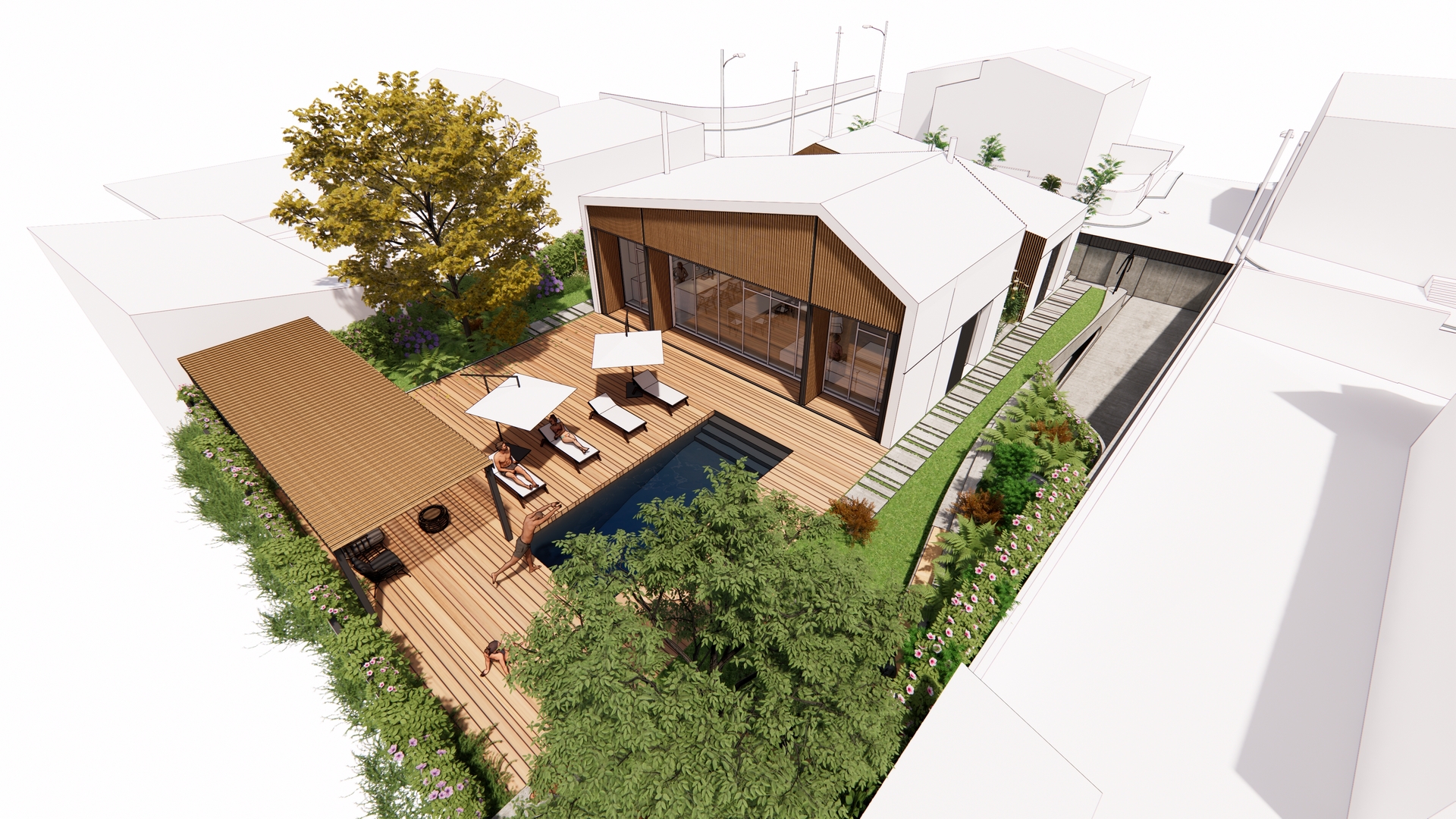 Vista aérea sudoeste de projeto arquitetônico - JP ARQUITETOS